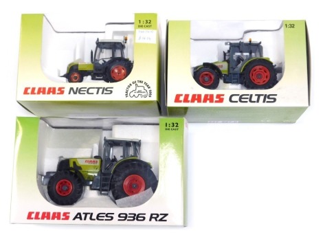 Three Claas 1:32 scale diecast farming vehicles, comprising The Atles 936RZ, Celtis and The Nectis, boxed. (3)