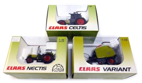 Three Claas 1:32 scale diecast farming vehicles, comprising the Claas Variant, Claas Nectis, Claas Celtis, boxed. (3)