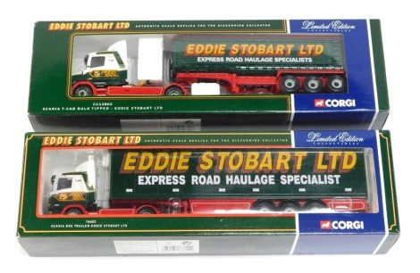 Two Corgi diecast Eddie Stobart lorries, comprising a Scania T can bulk tipper CC12802, and the Scania box trailer 76602, boxed. (2)