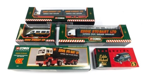 Corgi and Vanguards Eddie Stobart models, comprising a Volvo short wheel base lorry, ERF curtain side trailer, a detailed Scammell model, Vanguards Ford Transit mark 1 diesel van, and a Corgi Transit van, boxed. (5)