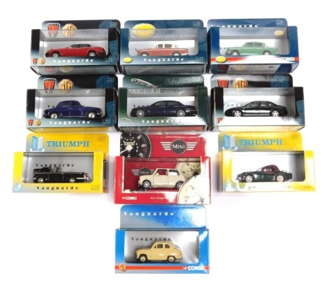 Ten Vanguards Lledo diecast vehicles, comprising Rover P4 midnight blue, Triumph TR3 racing green, Jaguar XJR Pacific, A35 saloon country cream, Rover 75 British Racing green, Hillman Minx ember red and cream, Triumph Herald convertible, Mini 40 Old Engli