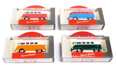 Four diecast collector Lledo special edition diecast camper vans, in blue, red, green and orange, boxed. (4)