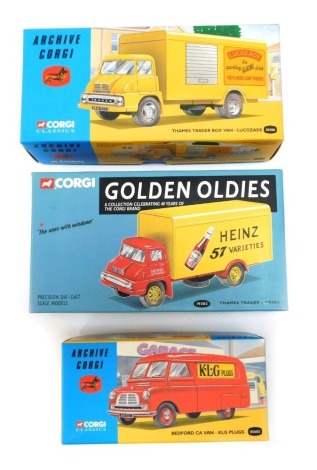 Three Corgi diecast vehicles, comprising Archive Corgi Bedford CA van KLG Plugs, Thames Trader box van, Lucozade, and a Corgi Golden Oldies Thames Trader Heinz, boxed. (3)