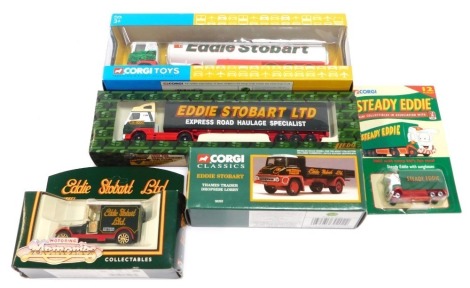 Corgi Eddie Stobart trucks, comprising a Super Haulers Scammell, Corgi Steady Eddie mini model, Eddie Stobart Motoring Memories, Lledo Eddie Stobart truck, and a Corgi Classics Thames Trader drop side lorry. (5)