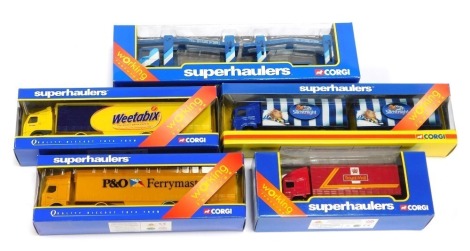 Five Corgi Super Haulers, comprising Scania car transporter ECM, Renault Premium curtain sider P&O, ERF short wheel base lorry Royal Mail, Volvo curtain side Wheetabix, Scania rigid truck and close couple trailer Silent Night, boxed. (5)