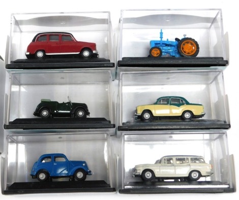 Oxford 1:76 Railway scale vehicles, to include tractors and cars, boxed. (6)