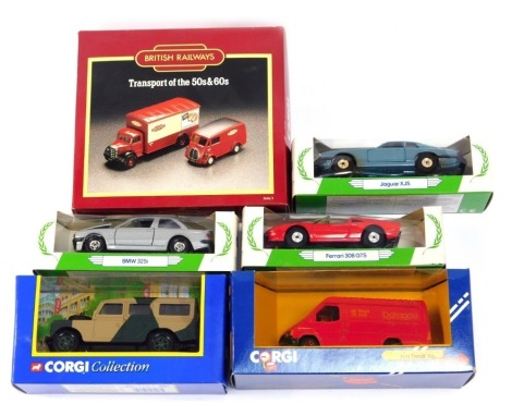 Diecast cars, comprising three Corgi Mobil models, Jaguar XJS Ferrari 308 GTS BMW 325i, Corgi Ford Transit, Corgi Collection Land Rover Army, and The British Railways Transport in the Fifties and Eighties Corgi set, boxed. (6)