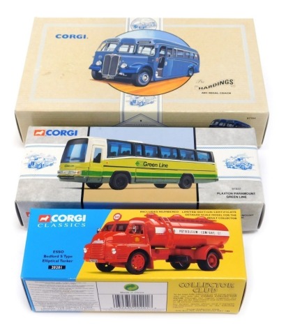 Three Corgi Classics models, comprising The Esso Bedford S Type elliptical tanker, The Planxton Paramount green line, and The Hardings AEC regal coach, boxed. (3)