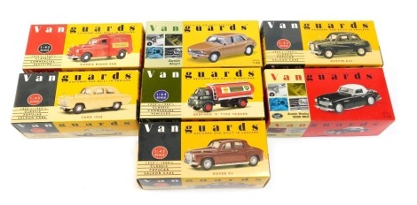 Seven diecast Vanguard models, 1:43 scale, comprising Royal Mail, Conway yellow 100E, maroon Rover, Austin Healey 3000 mark 2, Shell BP, green Austin A35, and the Harvest Gold Austin Alegro, boxed. (7)