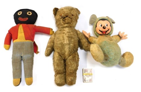 Toys and collectables, comprising a Mickey Mouse faced doll, Mick Mills football cards, plush jointed Teddy bear, and an advertising doll. (4)