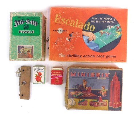 Vintage toys and games, comprising a GWR jigsaw puzzle, Mini Bricks set 1, Escaldo, and various card games. (a quantity)