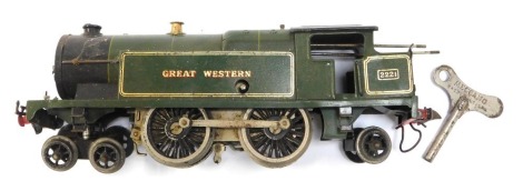 A Meccano Great Western O gauge tinplate clockwork train, in GR green livery, number 2221, with key.