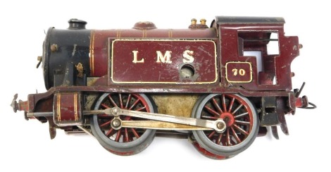 An LMS O gauge tinplate clockwork locomotive, in maroon livery, LMS 70, lacking key.