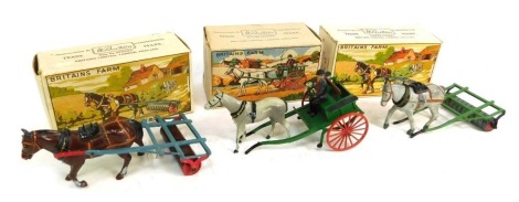 Three Britain's farming implements, comprising horse roller with man number 9F, Farmers Gig number 20F, and horse roller with man number 9F, boxed. (3)