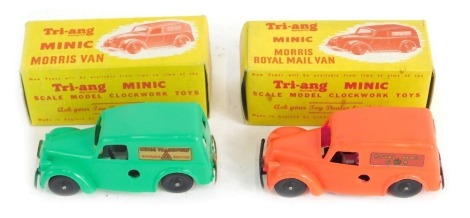 Two Tri-ang Minic Morris Minor Royal Mail vans, boxed.