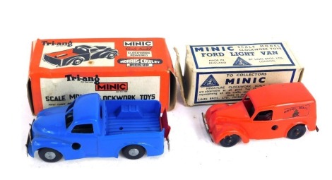 Two Minic clockwork cars, comprising the Morris Cowley pickup and the Ford light van, boxed. (2)