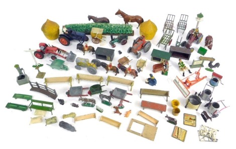 Britain's and other diecast farming vehicles, Dinky Toy tractors, ploughs, wheelbarrows, feedings troughs, etc. (1 tray)