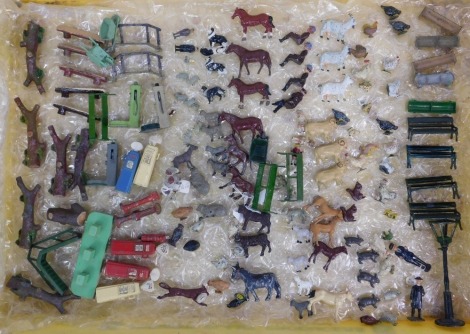 A group of Britain's lead farm animals, to include hens, sheep, horses, donkeys, petrol pumps, benches, wheelbarrows, etc. (1 tray)