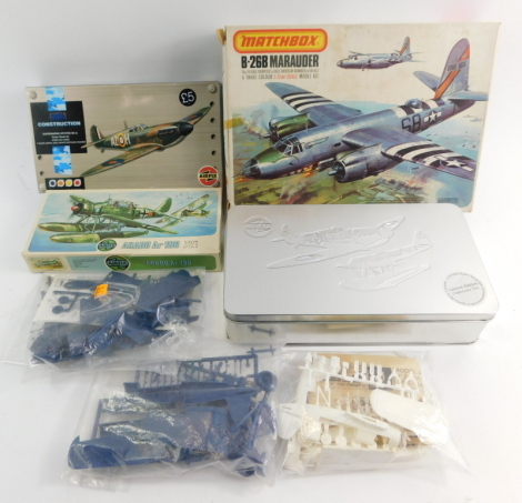 Various 1:72 scale model kits, including Airfix collectors kit Spitfire, Marks and Spencer's Spitfire, Airfix Arado AR196, Matchbox B26B Marauder unboxed Airfix Grumman Wildcat, unboxed NPC Airfix Vought Kingfisher, and an unboxed Vought Corsair, boxed an