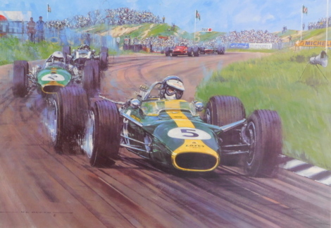 After Nicholas Watts. Jim Clark OBE, signed limited edition print 49/500, bearing further signatures, 45cm x 64cm.