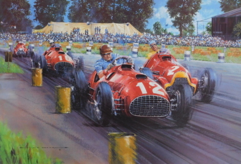 After Nicholas Watts. Ferrari - The First Grand Prix Victory, signed limited edition print 4/500, bearing further signatures, 44cm x 64cm.