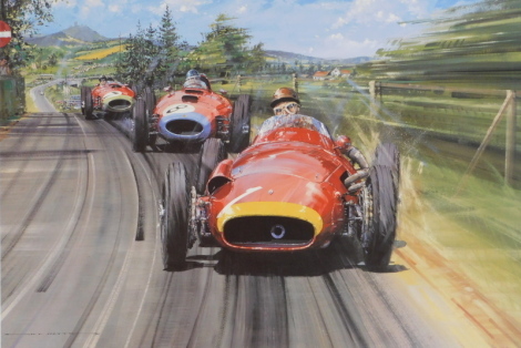 After Nicholas Watts. Fangio - The Maestro, signed limited edition print 383/500, bearing further signature, 46cm x 64cm.