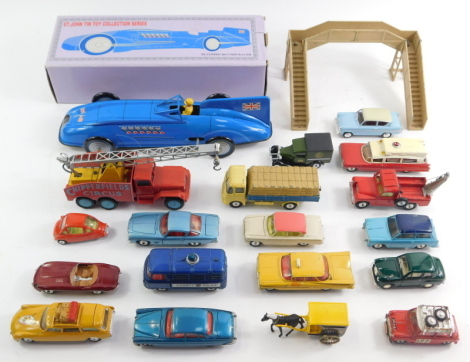 A group of diecast vehicles, to include a Corgi International 6x6 truck, a Corgi Citroen Safari, Corgi ERF model 44G, together with a St John Tin Toy Collection series Blue Bird Record Racer wind-up car, boxed.