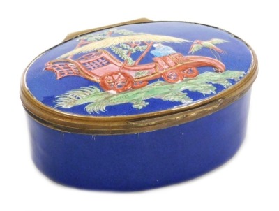 A late 18thC enamel box, probably German, of oval form, decorated to the lid with a rickshaw, figure and bird, against a cobalt blue ground, the interior of the lid with a dancing Chinaman, 8.5cm wide.