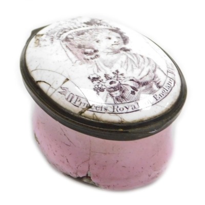 A late 18thC Bilston enamel patch box, of oval form, decorated to the lid with a half length portrait of "Princess Royal of Britain", on a white ground, the box with pink enamel, 45mm deep. (AF)