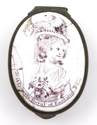 A late 18thC Bilston enamel patch box, of oval form, decorated to the lid with a half length portrait of "Princess Royal of Britain", on a white ground, the box with pink enamel, 45mm deep. (AF) - 2