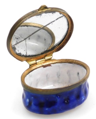 A late 18thC Bilston enamel patch box, of oval form, decorated to the lid with "I'll Love you long as life gives. Breath and living hold that Love till Death", within a floral border, on a white ground, the box in cobalt blue, 40mm wide. - 3