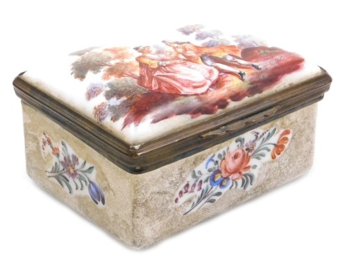 A late 18thC French enamel snuff box, of rectangular form, painted to the lid with a courting couple in a garden, the box with floral sprays, on a white ground, the lid opening to reveal a half length portrait of a lady, possibly a courtesan, 87mm wide.