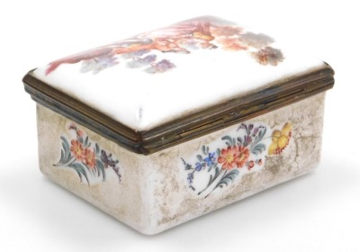 A late 18thC French enamel snuff box, of rectangular form, painted to the lid with a courting couple in a garden, the box with floral sprays, on a white ground, the lid opening to reveal a half length portrait of a lady, possibly a courtesan, 87mm wide. - 2