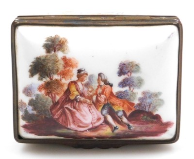 A late 18thC French enamel snuff box, of rectangular form, painted to the lid with a courting couple in a garden, the box with floral sprays, on a white ground, the lid opening to reveal a half length portrait of a lady, possibly a courtesan, 87mm wide. - 3