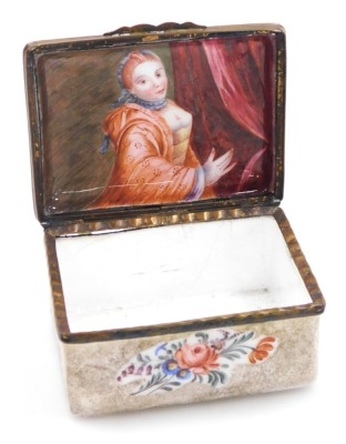 A late 18thC French enamel snuff box, of rectangular form, painted to the lid with a courting couple in a garden, the box with floral sprays, on a white ground, the lid opening to reveal a half length portrait of a lady, possibly a courtesan, 87mm wide. - 4