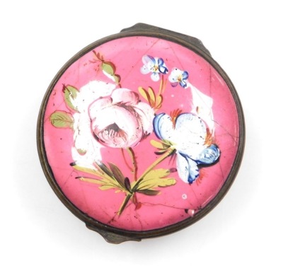 A late 18thC Bilston enamel snuff box, of cylindrical form, decorated with floral sprays, on a rose pink ground, 50mm diameter. (AF) - 2