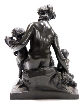 After Claude Michel Clodin (French, 1738-1814). A Bacchanalian figure group, depicting a female satyr, seated, with infant satyrs beside her playing musical instruments, bronze,on a naturalistic canted rectangular base, 28cm high. - 2