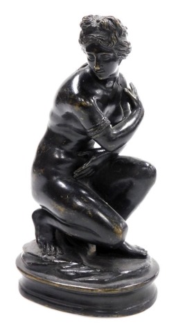 After Doidalses of Bithynia (Hellenistic), a 19thC bronze figure of the Lely Venus, modelled in crouching pose,bronze, on an oval base, 26cm high.