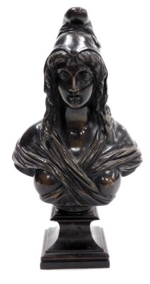 After Gayrard (French, 19thC). A bust of Marianne, The Liberty of France, wearing the Phrygian cap, her breast exposed, bronze ,raised on a square plinth, incised 93, 23.5cm high.