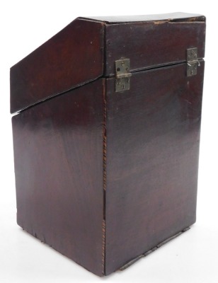 A George III serpentine mahogany knife box, with cross banding, the hinged lid with star burst paterae, opening to reveal a vacant interior, 34.5cm high, 22cm wide. - 2