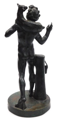 After The Antique. A figure of Pan, standing aside a tree stump, with his pipes, a goat draped around his shoulders, bronze, raised on a circular base, 36cm high. - 2