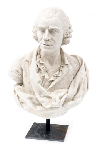 French School (19thC). A plaster bust of an 18th Century gentleman, described and titled indistinctly verso, raised on a metal stand, 68cm high.