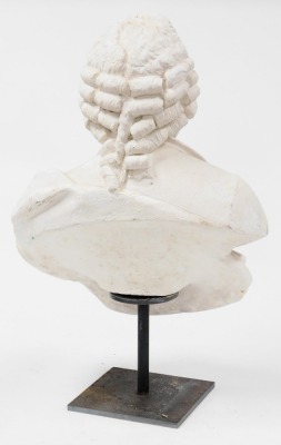 French School (19thC). A plaster bust of an 18th Century gentleman, described and titled indistinctly verso, raised on a metal stand, 68cm high. - 2