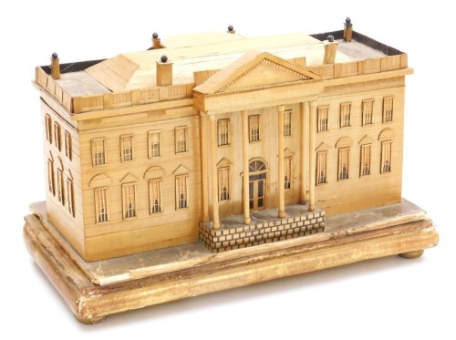 A 19thC straw model box of Clarendon House, town mansion of the Earl of Clarendon and the Duke of Albemarle, bears label to base, raised on a gilt wood stand, model 22cm wide.