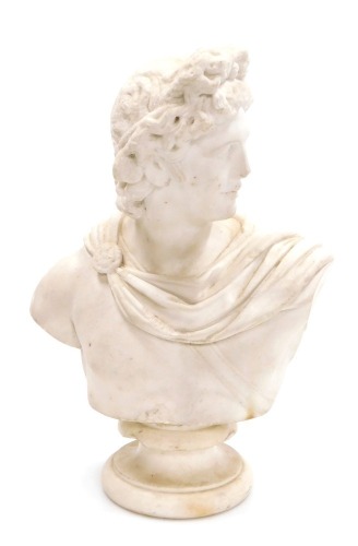 A 19thC plaster bust of Apollo, raised on a socle base, 36.5cm high.