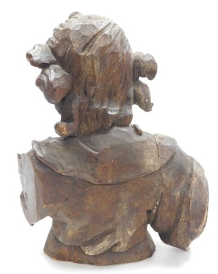 A 17thC European wooden carving, possibly Flemish, half length study of a young man, with flowing hair, 45cm high, together with a red velvet bound stepped base. - 2