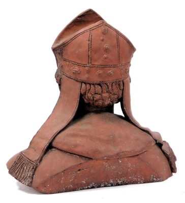 A late 19thC French terracotta bust of a bishop, robed and wearing a mitre, 37.5cm high. - 2