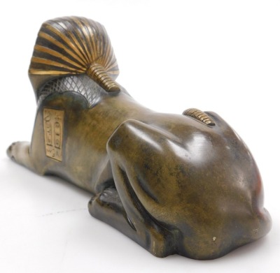 A 19thC polished bronzed figure of a sphinx, in recumbent pose, engraved with panels of hieroglyphics, 25cm wide. - 3