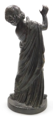 A late 19thC Continental bronze figure of a girl, modelled standing in classical robes with a dove in her left arm, raised on an oval base, 23cm high. - 2