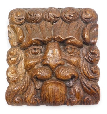 A 16thC oak plaque carved as the mask of a lion, 16cm x 15cm.